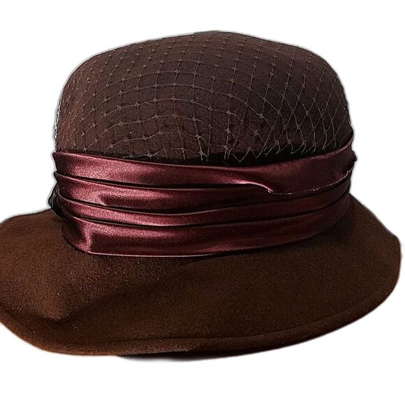 Michael Howard VTG 100% Wool Brown Bucket Hat, Satin Floral, Mesh, Made in USA - Picture 7 of 10